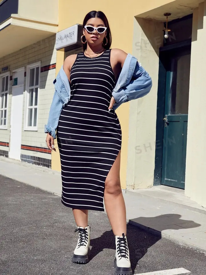 Vestido a rayas con abertura 1 XL y 4 XL