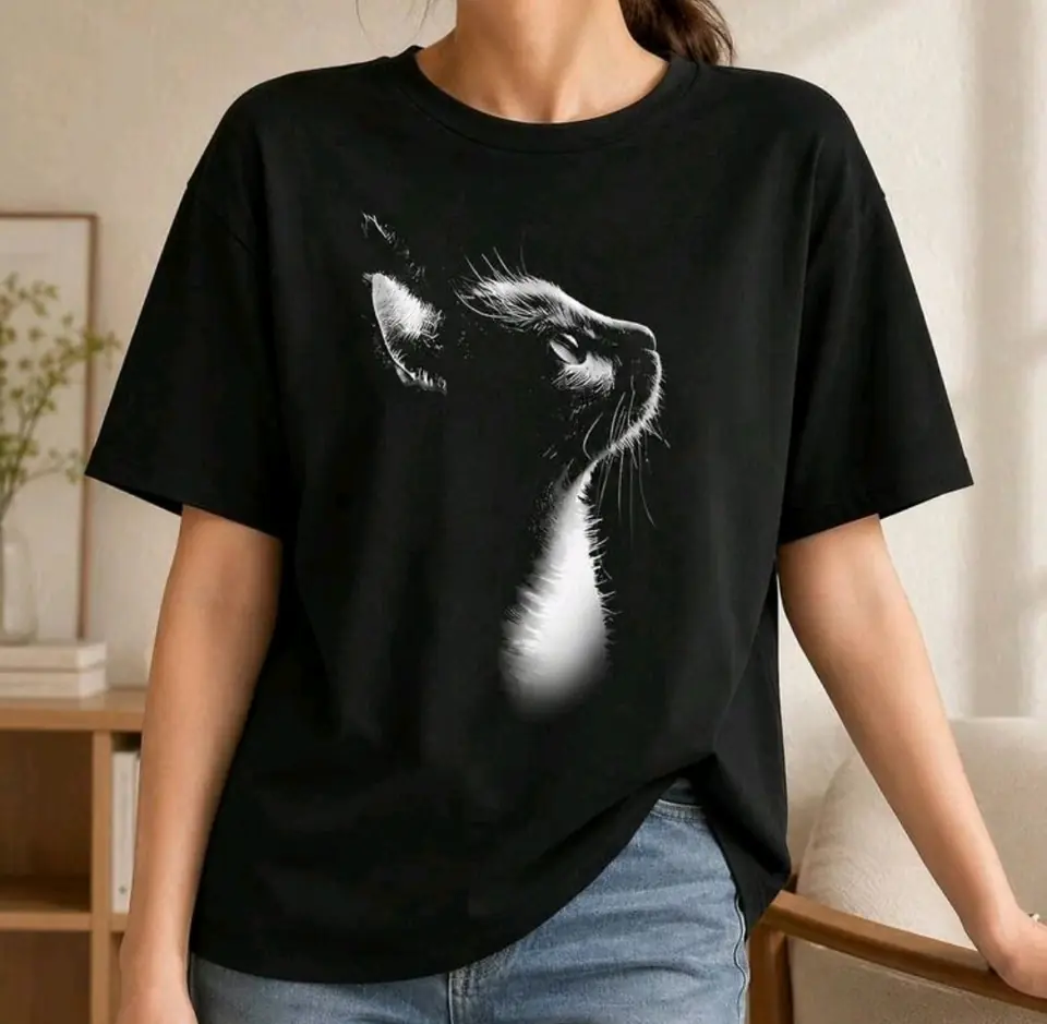 Remerón negro de algodón estampado: gato en contrastre