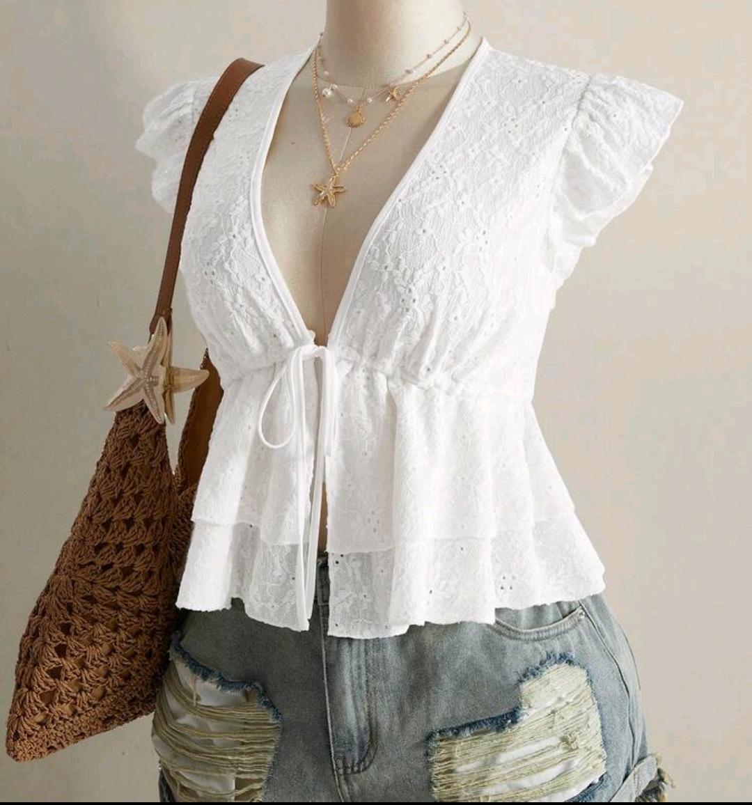 Blusa blanca de atar de broderie 3 XL y 4 XL
