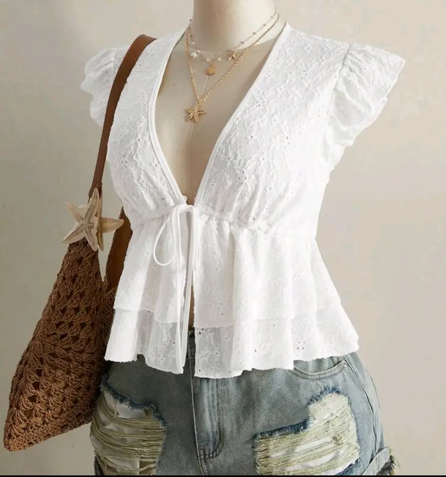 Blusa blanca de atar de broderie 3 XL y 4 XL