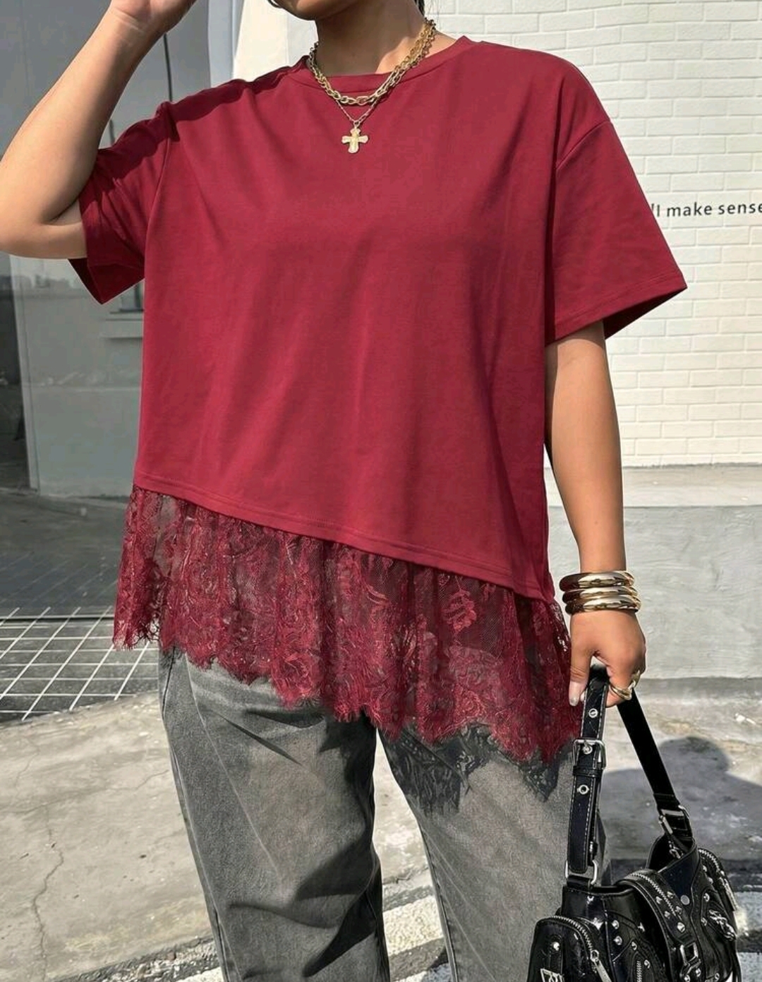 Blusa bordó asimétrica con encaje XL, 2 XL y 4 XL