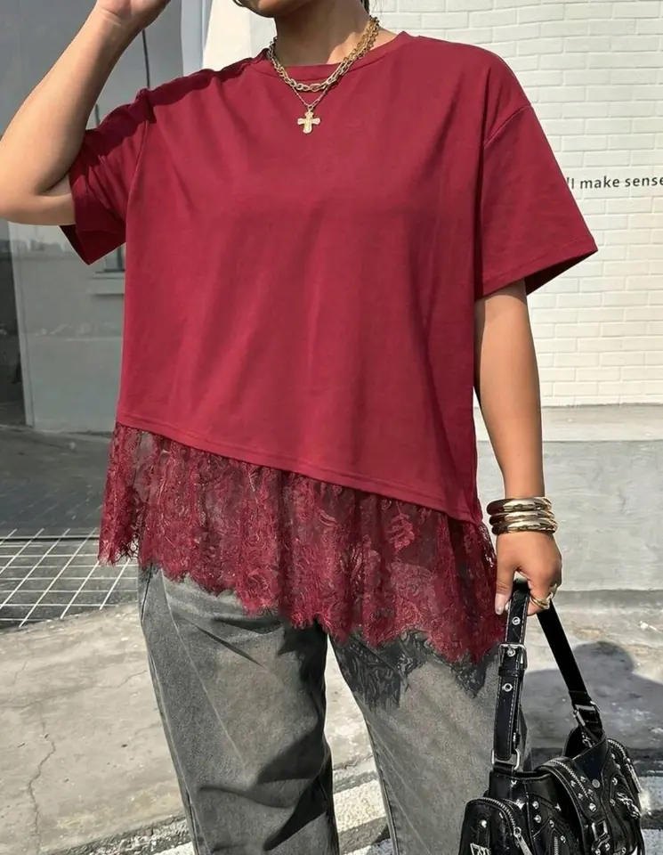 Blusa bordó asimétrica con encaje XL, 2 XL y 4 XL