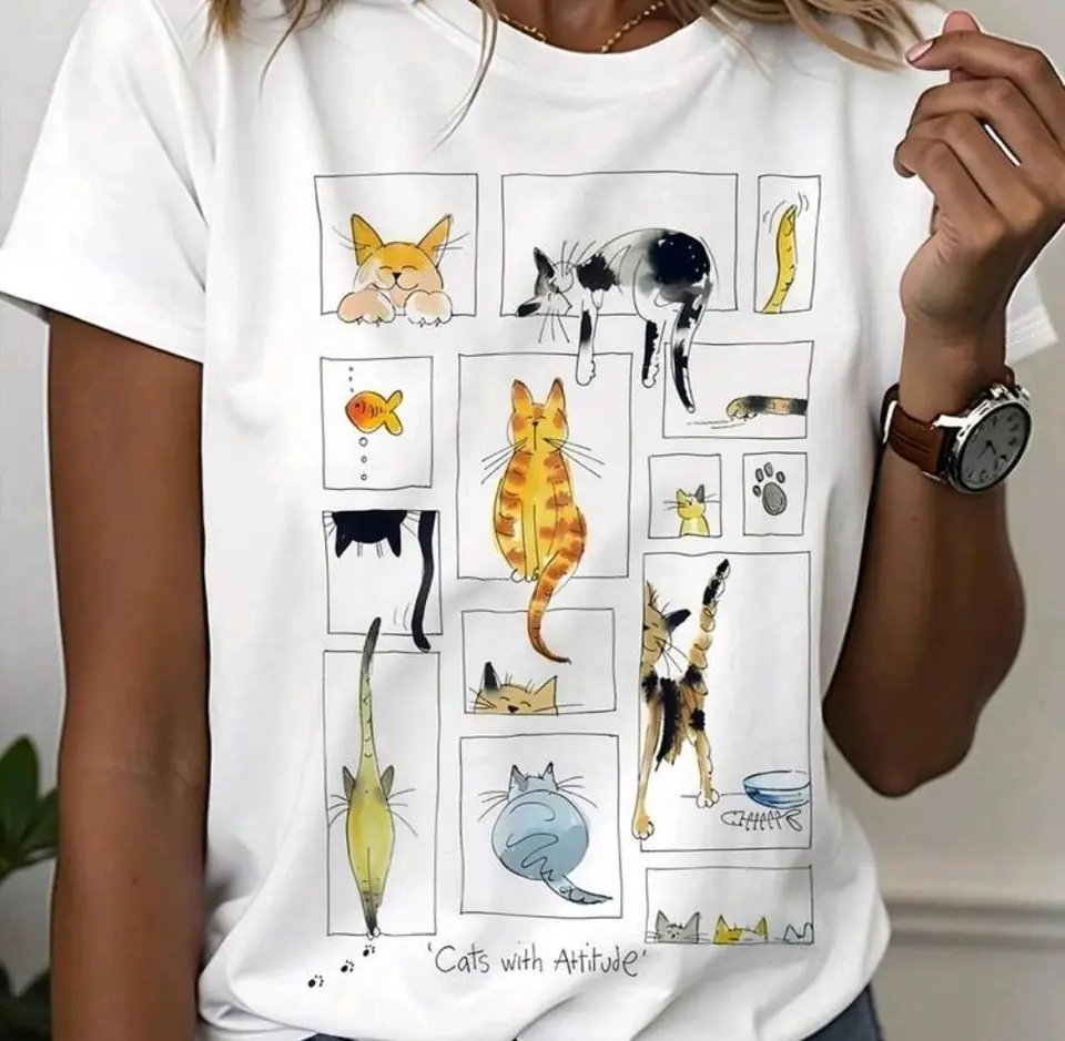 Remerón blanco de algodón estampado: gatos