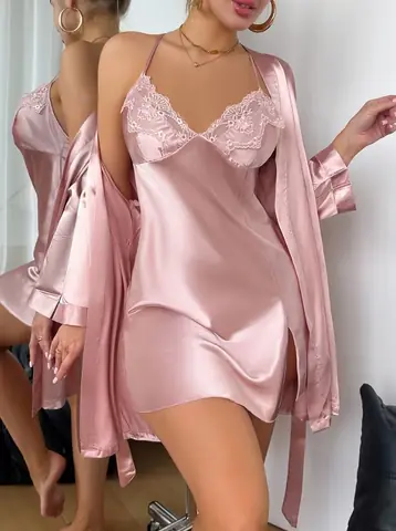 Conjunto Baby Doll + Bata Rosa Encajes