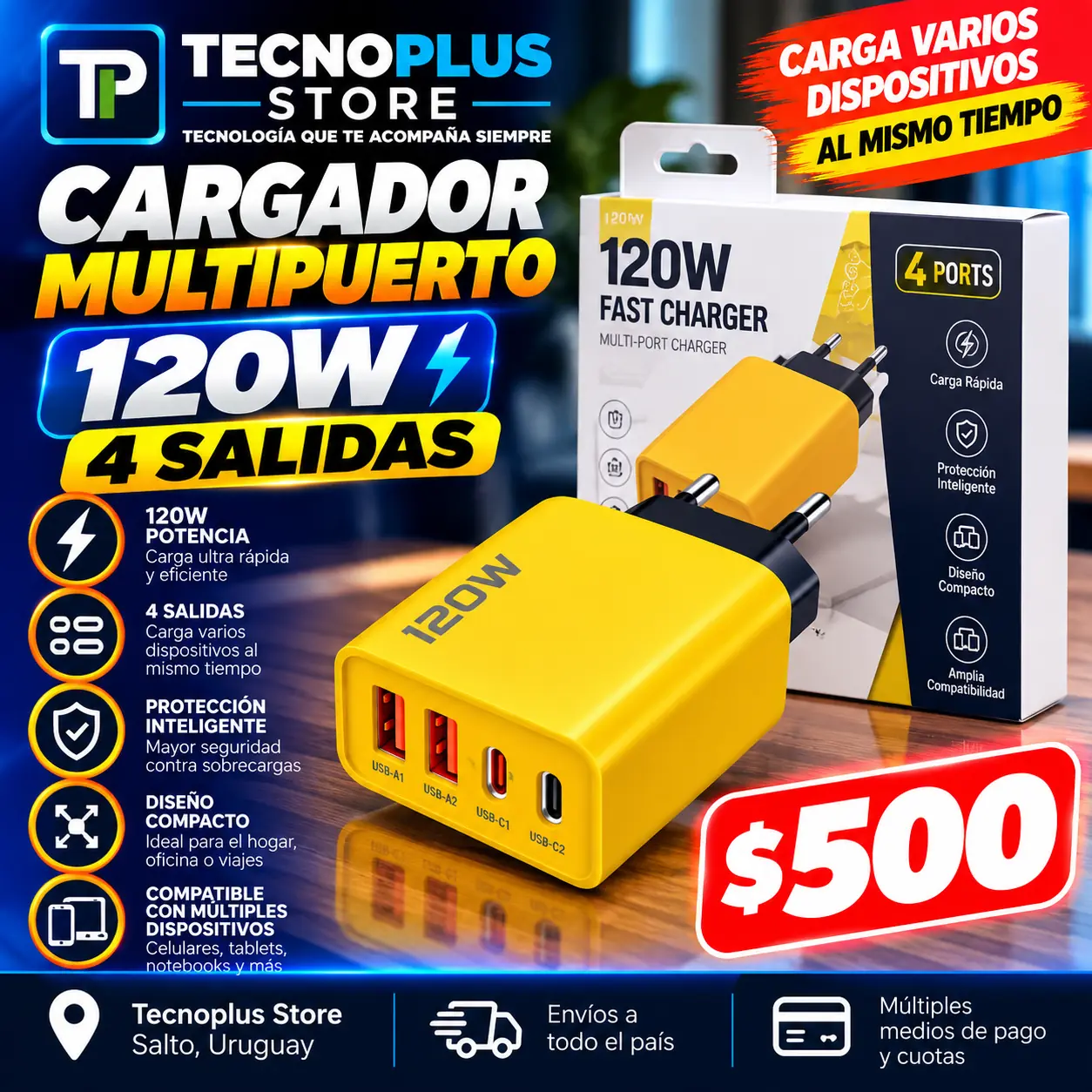 Cargador 120W Multipuerto PD – 4 Salidas USB