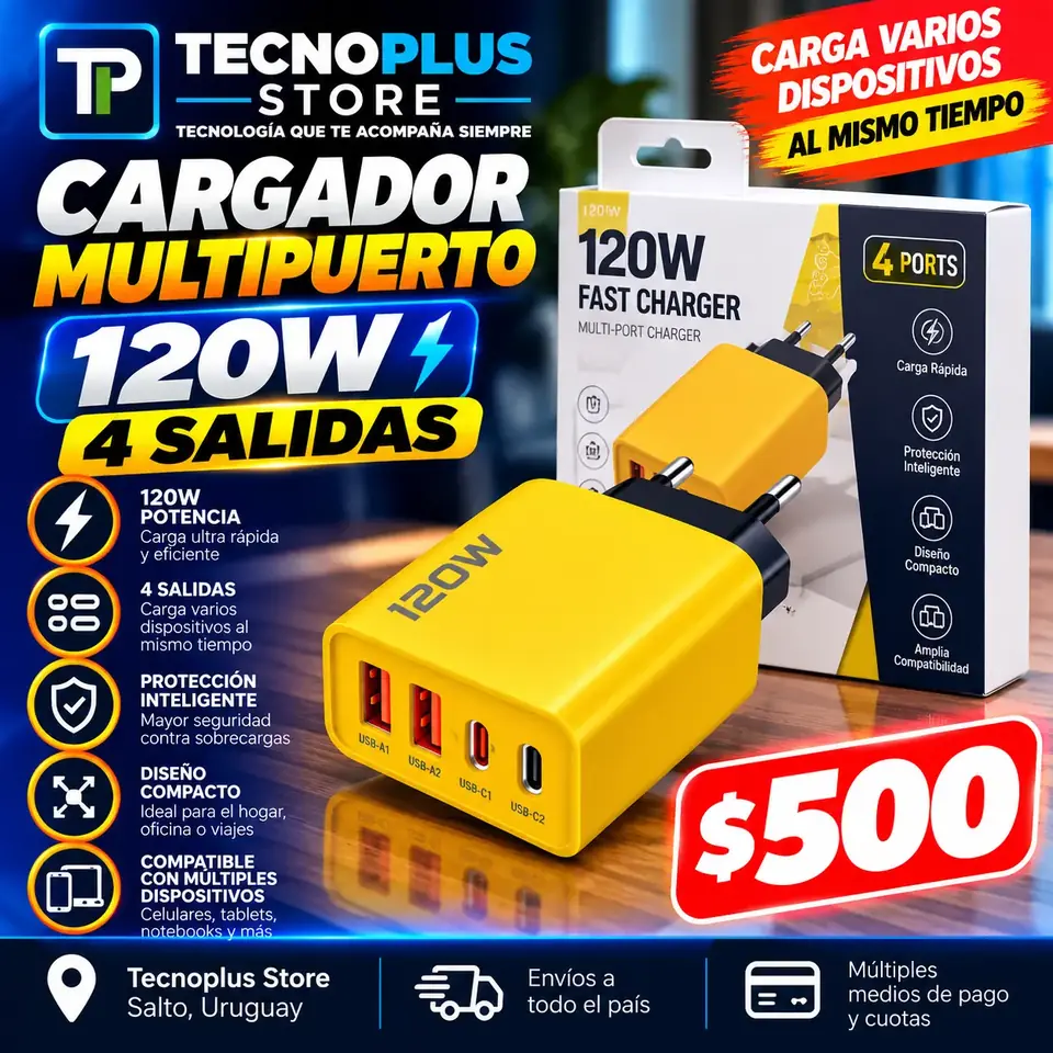 Cargador 120W Multipuerto PD – 4 Salidas USB
