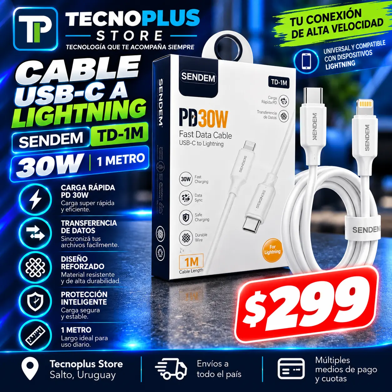Cable SENDEM USB-C a Lightning 30W TD-1M – 1 Metro