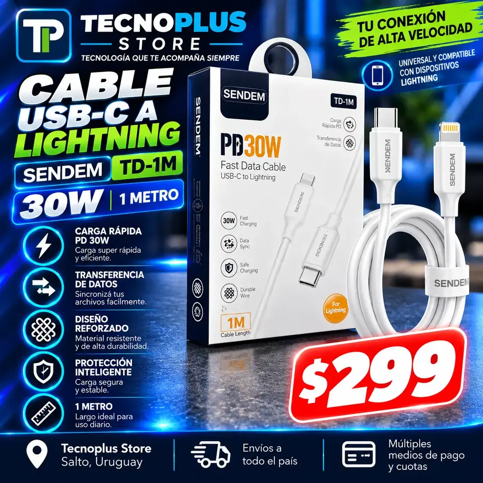 Cable SENDEM USB-C a Lightning 30W TD-1M – 1 Metro