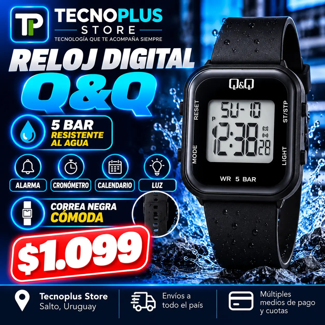 Reloj Digital Q&Q 5 BAR Resistente al Agua – Unisex