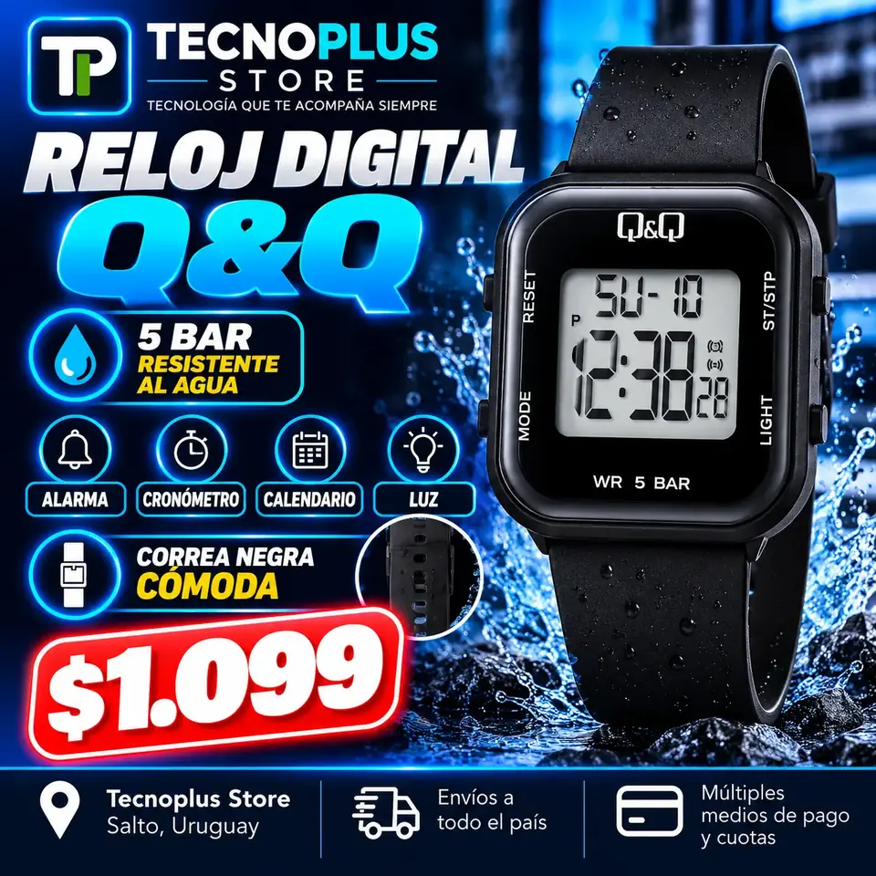 Reloj Digital Q&Q 5 BAR Resistente al Agua – Unisex