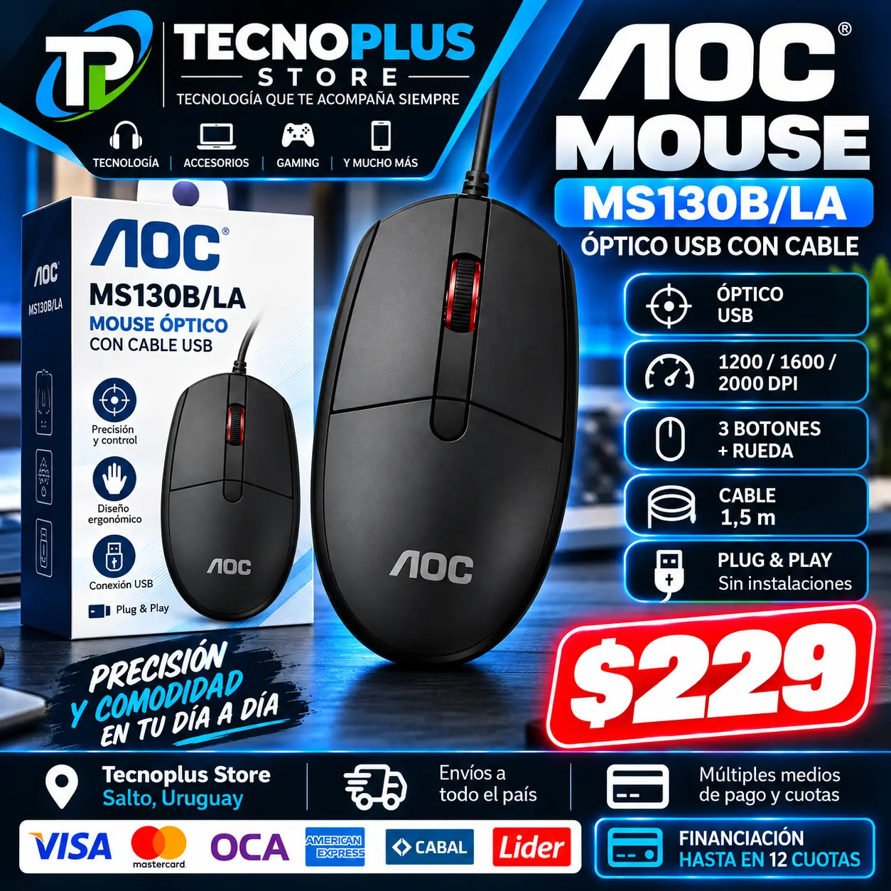 Mouse AOC MS130B/LA Óptico USB con Cable – 2000 DPI