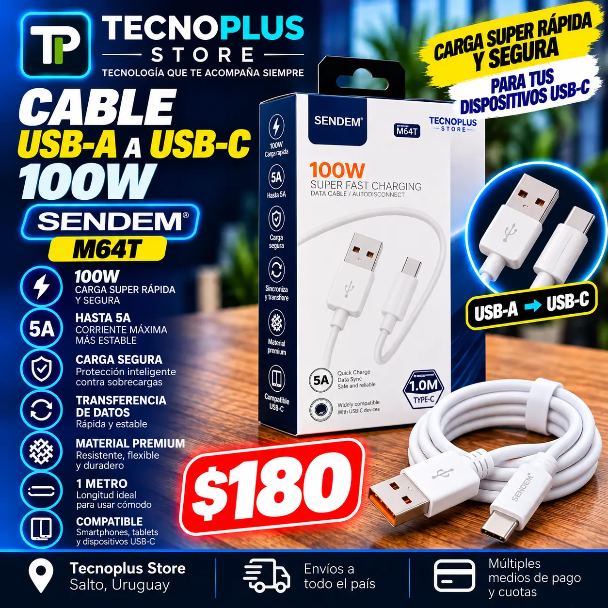 Cable SENDEM M64T USB-A a USB-C 100W 5A – 1 Metro