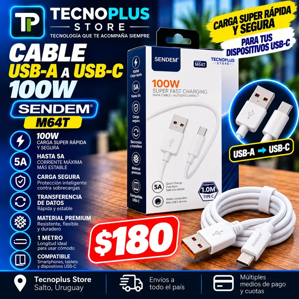 Cable SENDEM M64T USB-A a USB-C 100W 5A – 1 Metro