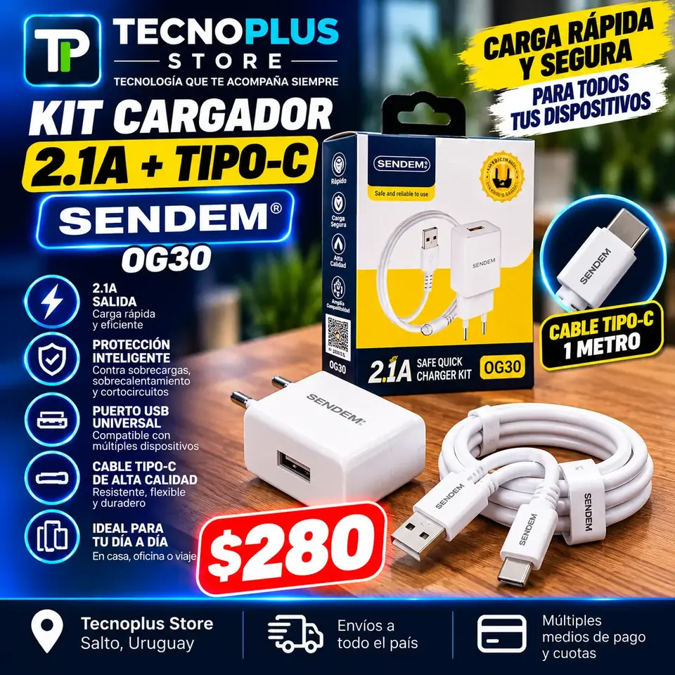 Cargador SENDEM 2.1A + Cable Tipo-C 1 Metro OG30
