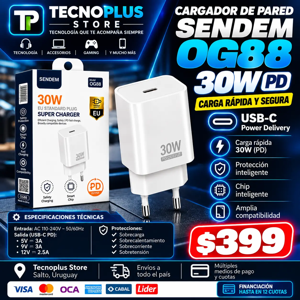 Cargador SENDEM OG88 30W USB-C PD – Carga Rápida