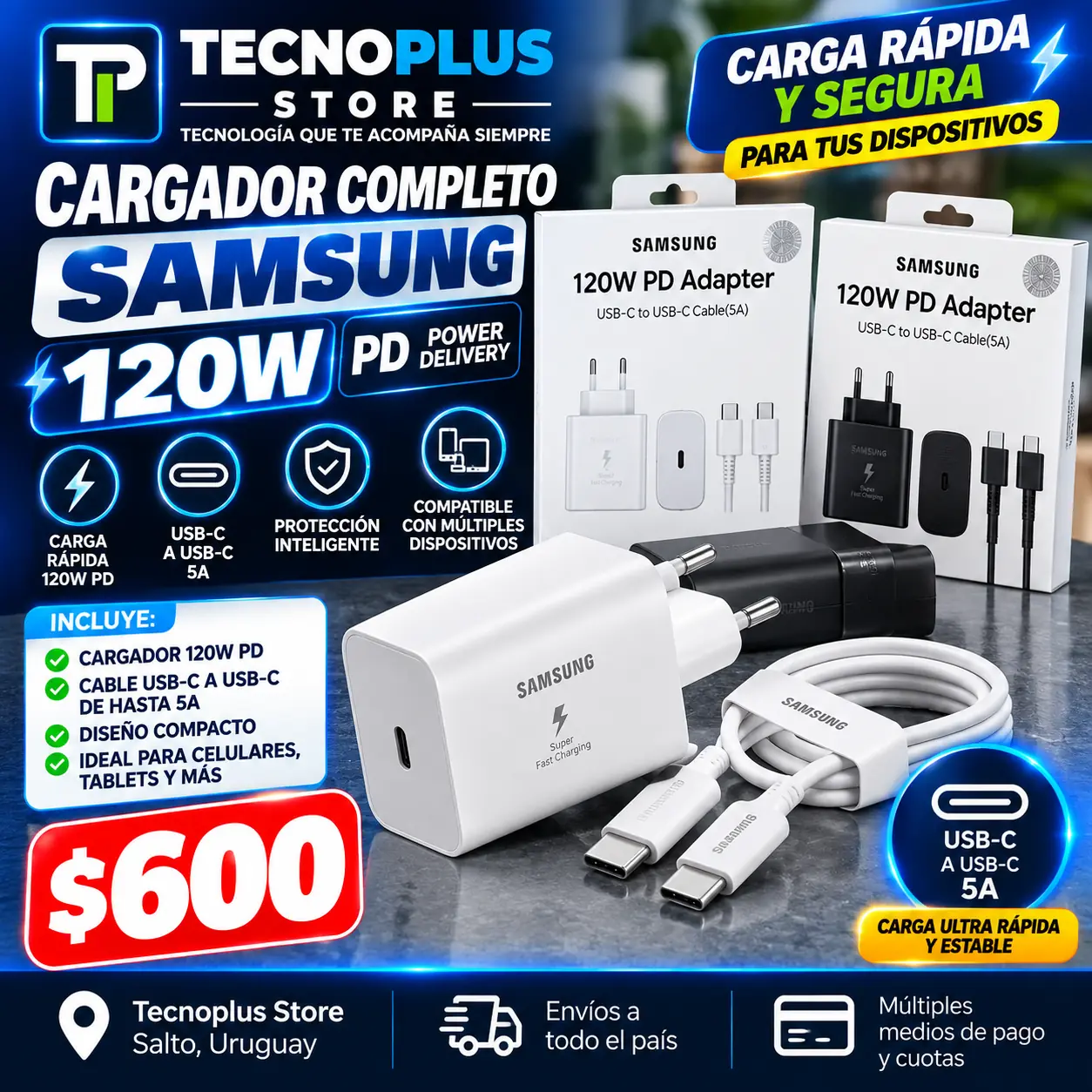 Cargador 120W PD USB-C + Cable USB-C a USB-C 5A