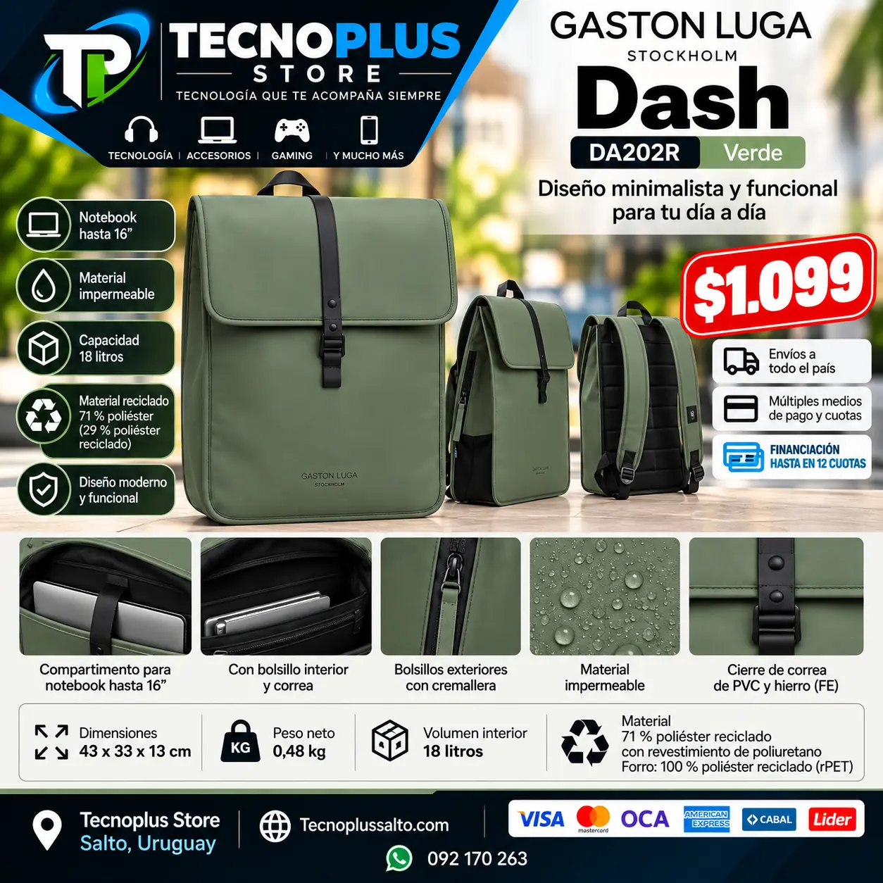 Mochila Gaston Luga Dash 16 Verde – Impermeable