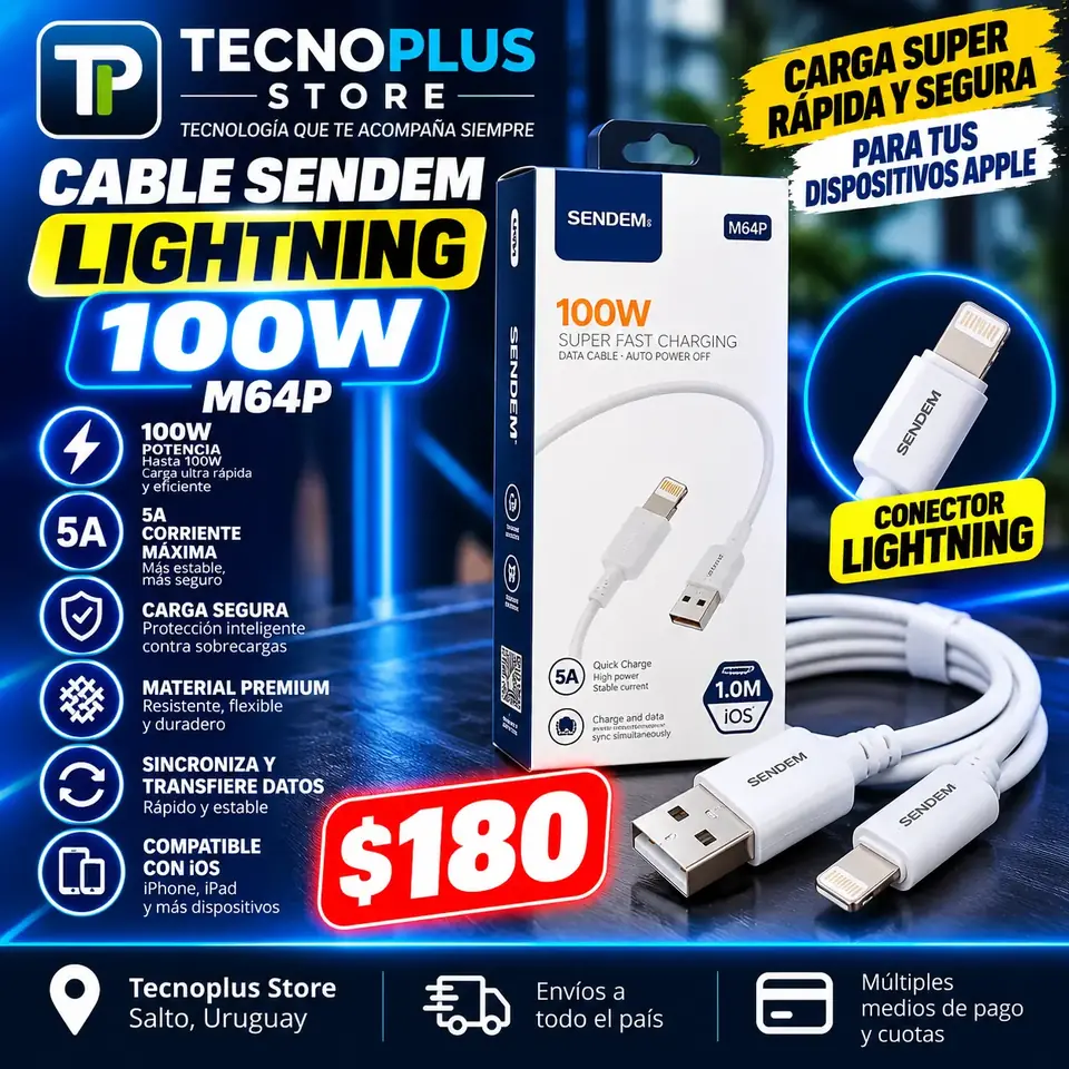Cable SENDEM M64P USB-A a Lightning 100W 5A – 1 Metro