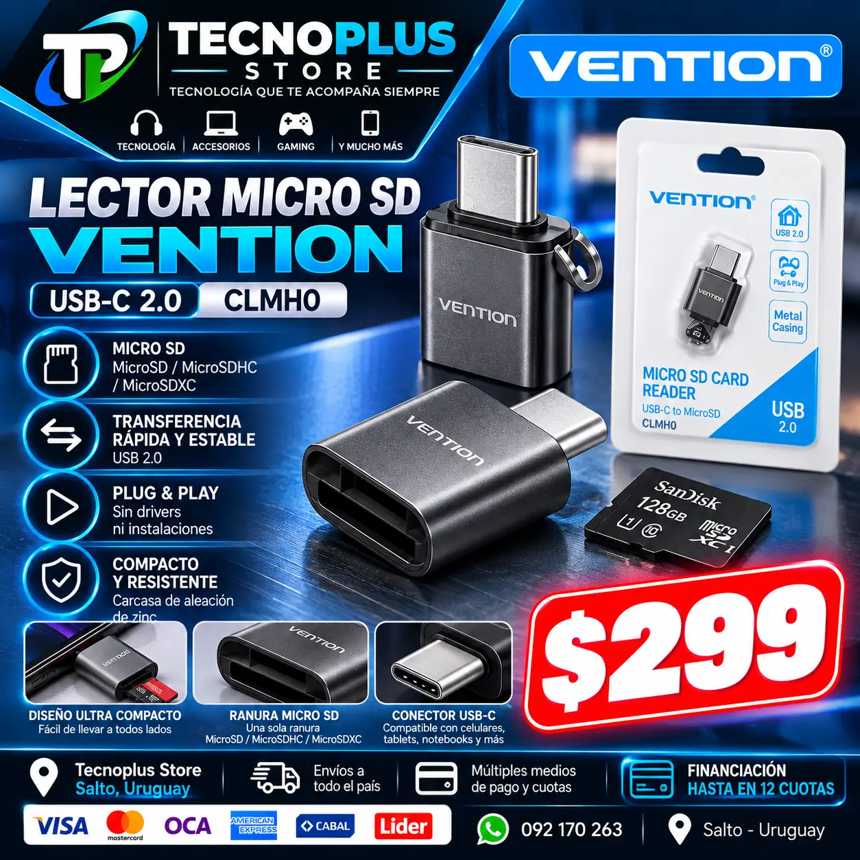 Lector Vention MicroSD USB-C 2.0 CLMH0 – Compacto