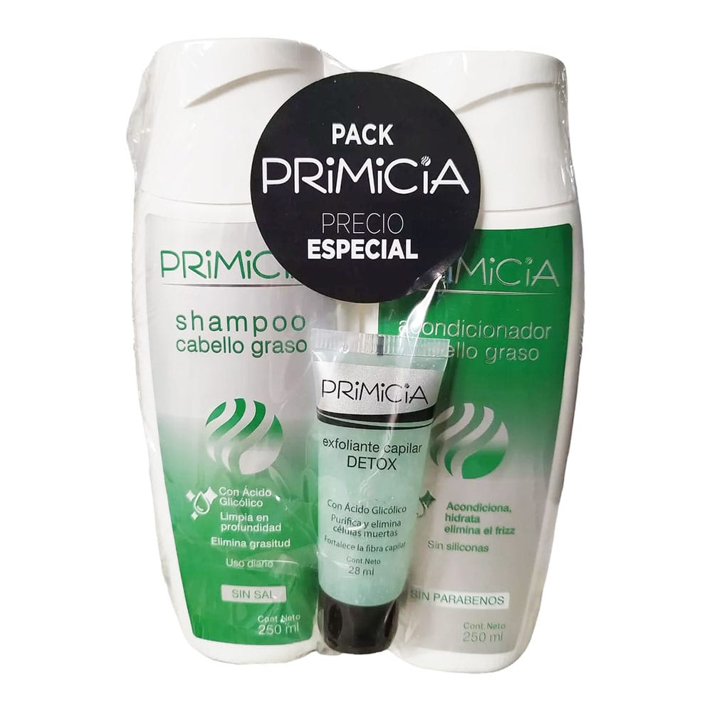 PACK SHAMPOO BALSAMO Y EXFOLIANTE PARA CAVBELLO GRASO PRIMICIA