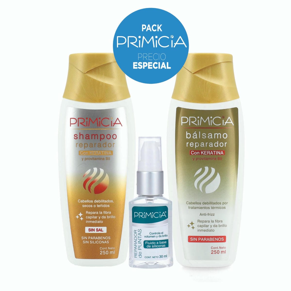PACK REPARADOR CON KERATINA CABELLOS SECO SHAMPOO BALSAMO Y REPARADOR DE PUNTAS
