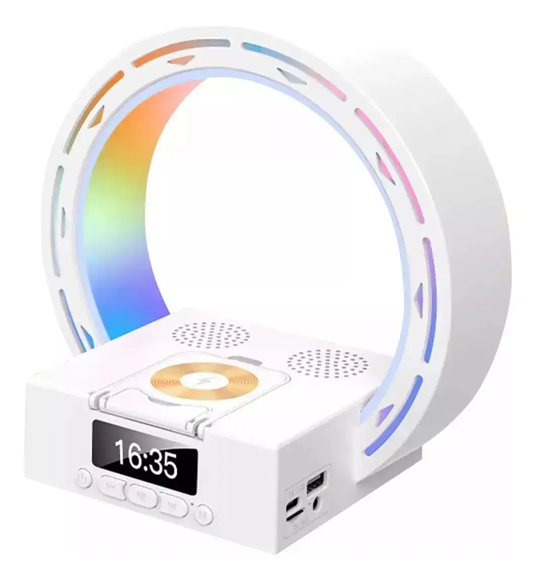 Lampara Luz Led Parlante Bluetooth / Reloj Con Alarma Despertador / Carga Inalámbrica QI 15W