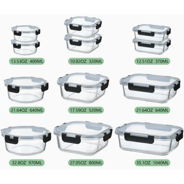 Set Pack 12 Tuppers Viandas Vidrio Herméticos Tapa Apilables