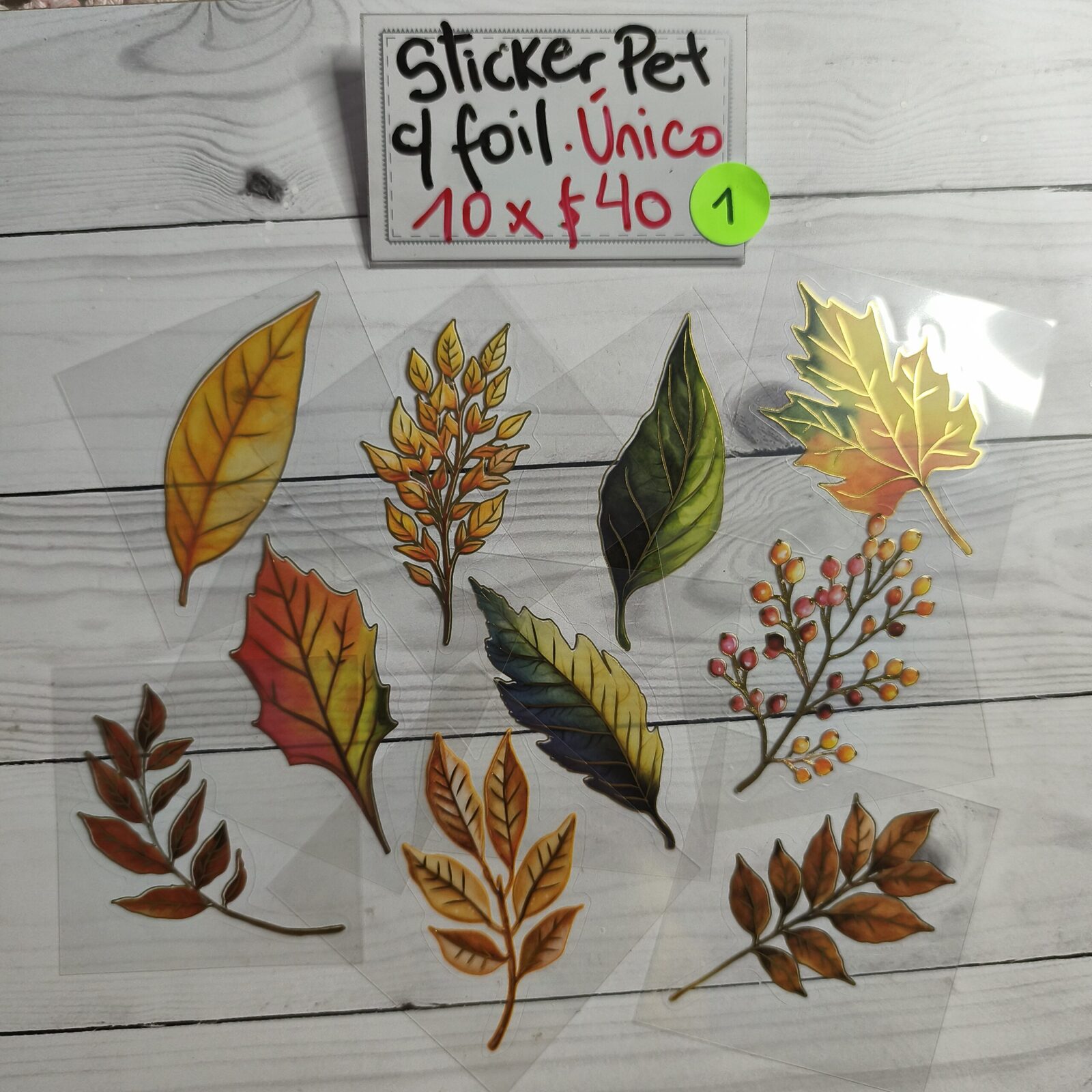 Stickers pet hojas naranjas c/ foil 1