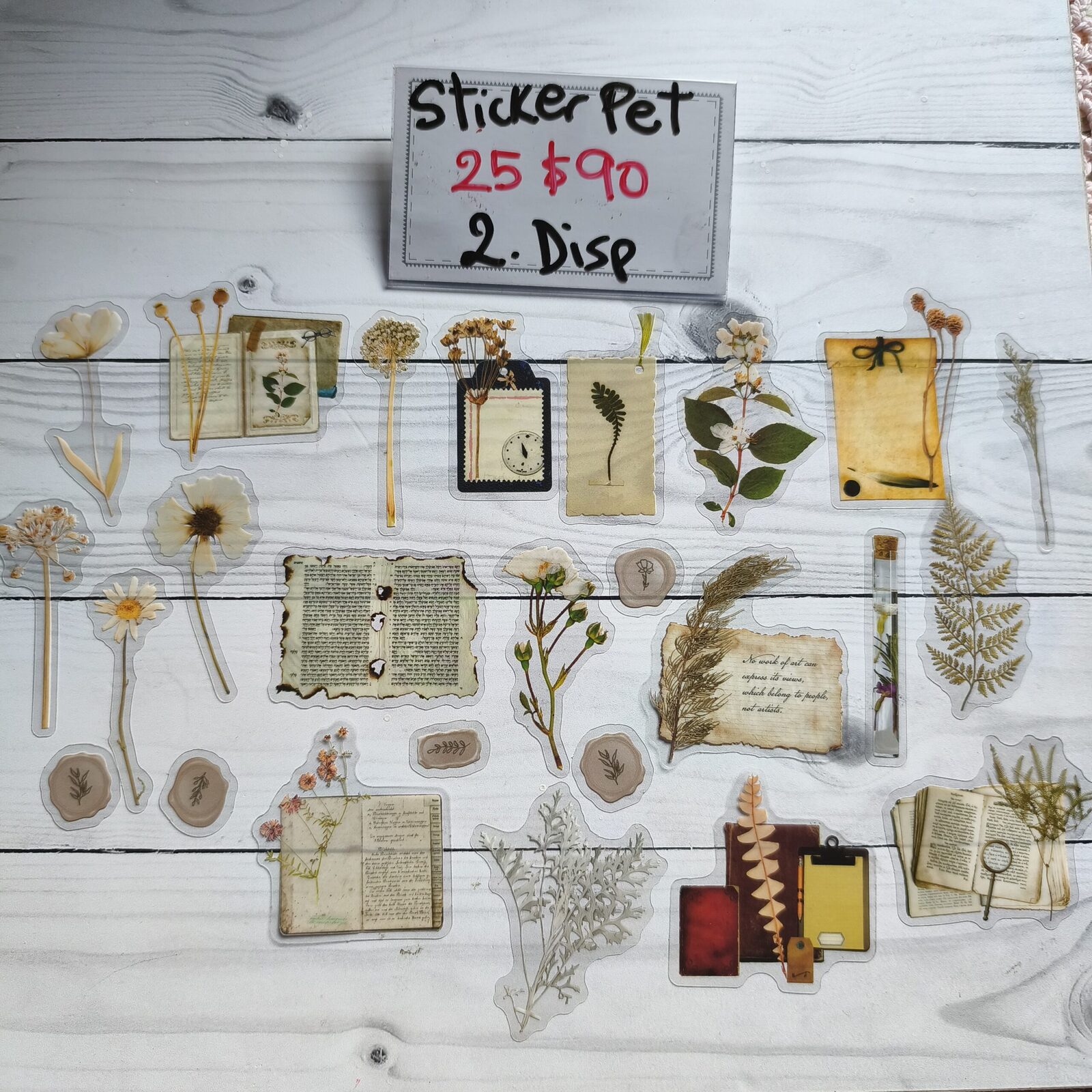 Stickers pet flores c/libros y sellos beige