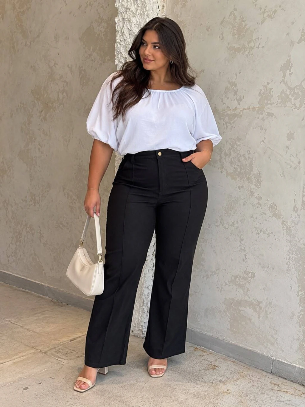 Pantalon de Bengalina wide leg con alforza negro