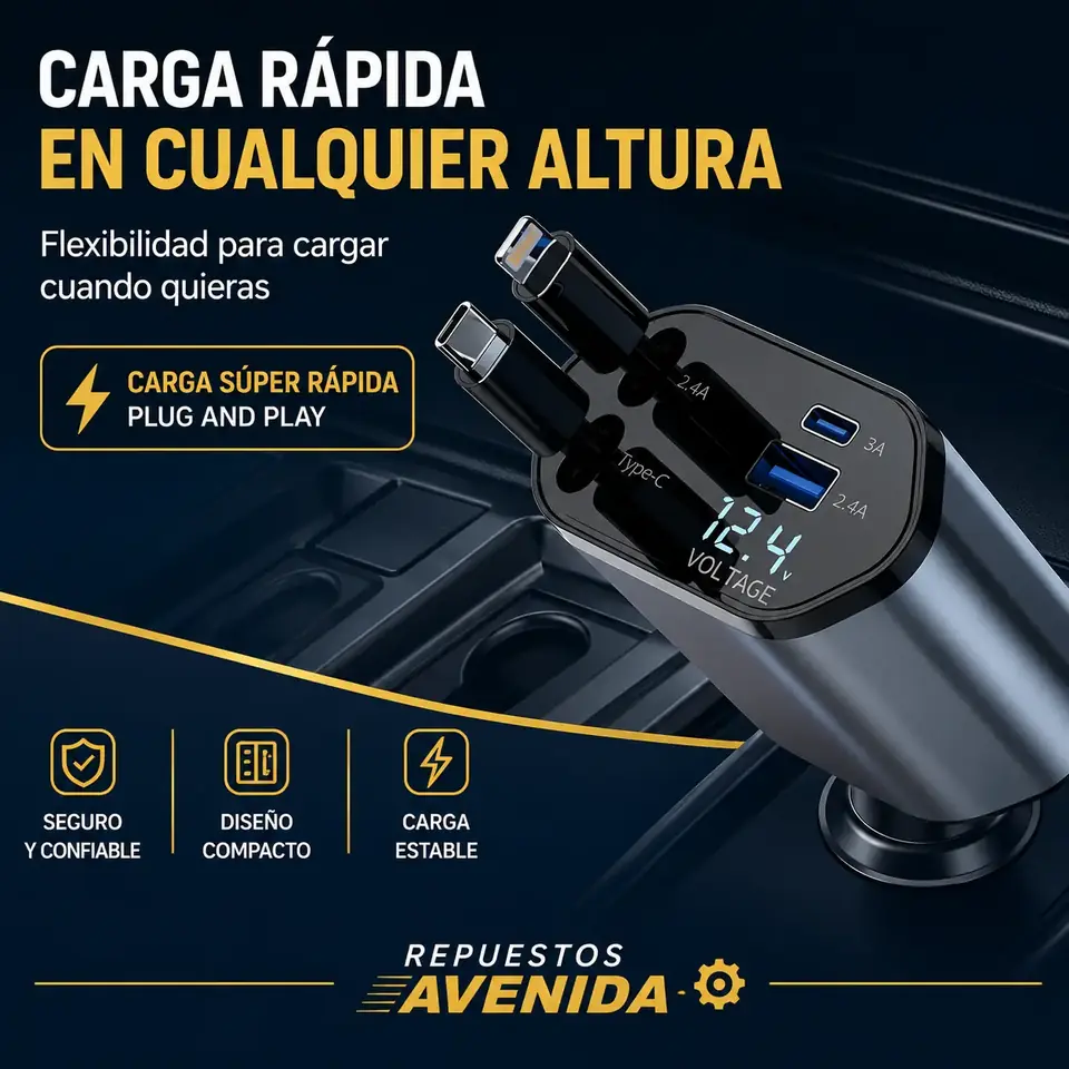 Cargador Vehicular Cable Retráctil Turbo 4 en 1 Tipo C