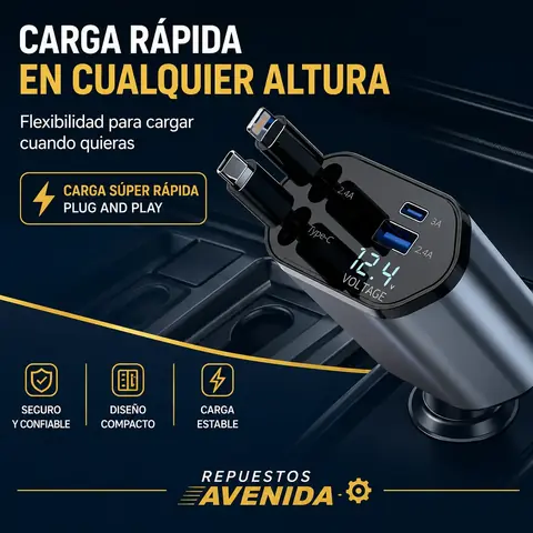 Cargador Vehicular Cable Retráctil Turbo 4 en 1 Tipo C