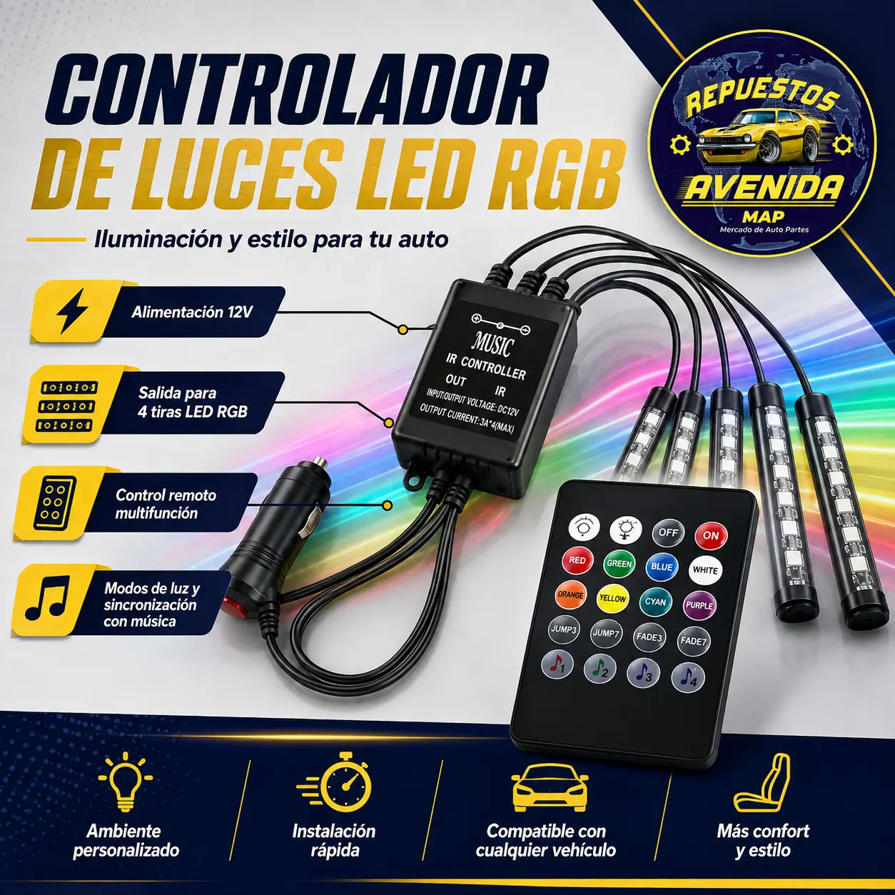 Kit de iluminación interior para auto, 09 LEDs RGB con control, 12V