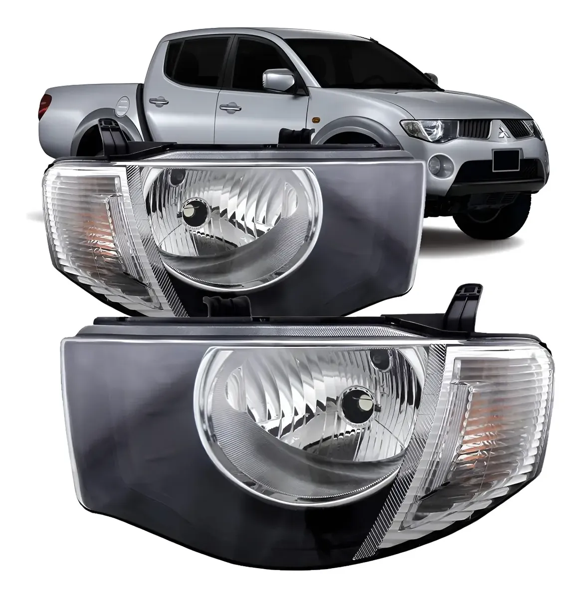 Par de Faros Delanteros Mitsubishi L200 Triton 2008-2012 – Máscara Negra, Pisca Cristal y Lámpara H4