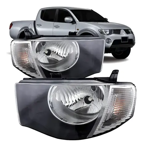 Par de Faros Delanteros Mitsubishi L200 Triton 2008-2012 – Máscara Negra, Pisca Cristal y Lámpara H4