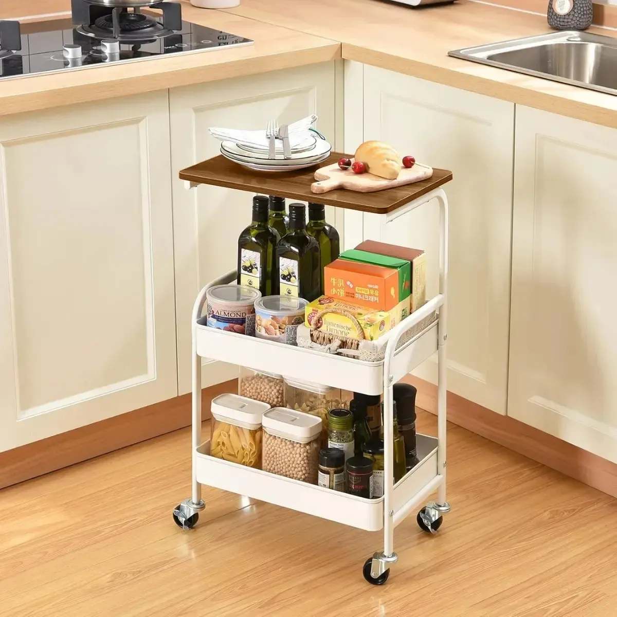 Carrito Organizador Con Ruedas 3 Niveles Multiuso Madera BLANCO