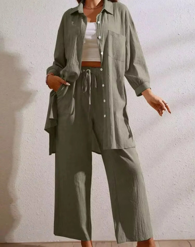 Conjunto  Camisa Y Pantalón 100% Algodón Camisola Y Palazzo Verde L/xl