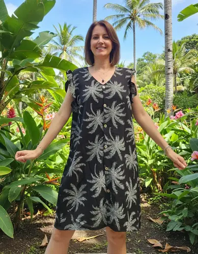 Vestido Camisero Lino Viscoelástco Negro Palmeras Único