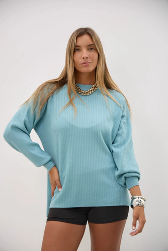 Sweater Tejido De Punto Oversize Acanalado Celeste Único