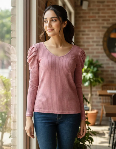 Blusa Sweater Drapeado Manga Larga Remera Tejida Rosa Claro Xl