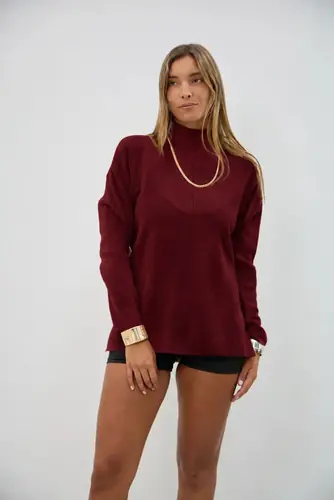 Sweater Buzo Media Polera Tejido De Punto Bordó Único