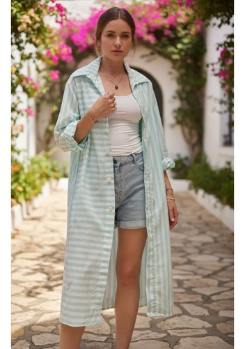 Vestido Camisero Camisola Larga Menta Rayas Único