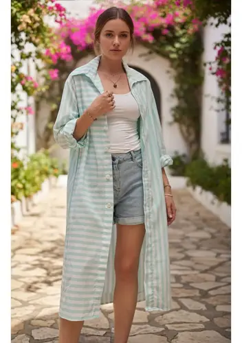 Vestido Camisero Camisola Larga Menta Rayas Único