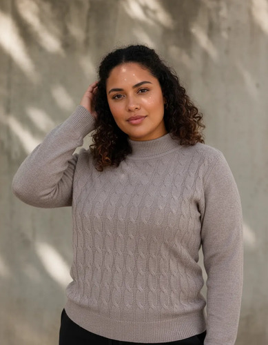 Sweater Media Polera  Tejido Trenzado Ochos Beige Único