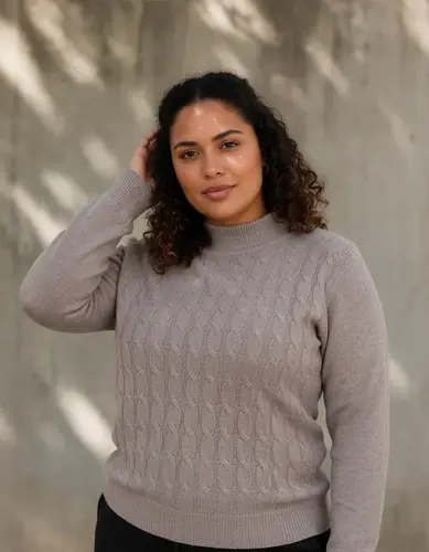 Sweater Media Polera  Tejido Trenzado Ochos Beige Único