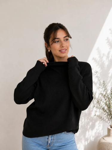 Sweater Media Polera Buzo Trama Acanalada Negro Único