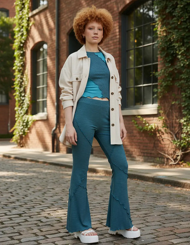 Calza Semi Oxford Acanalada Mujer Leggings Azul Petróleo Liso S