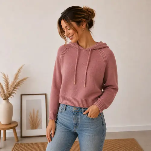 Sweater Tejido Capucha Rosa Viejo Único
