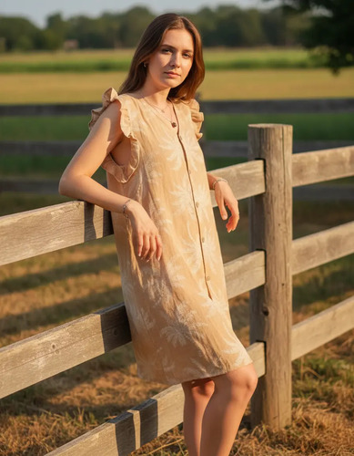 Vestido Camisero Lino Viscoelástco Beige Palmeras Único