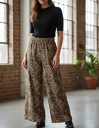 Palazzo Pantalón Lino Viscoelástico Tostado Animal Print U